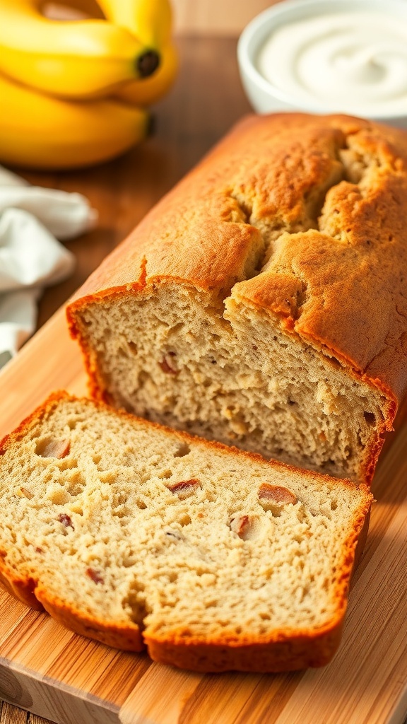 A sliced loaf of banana bread on a cutting board with bananas and yogurt in the background.